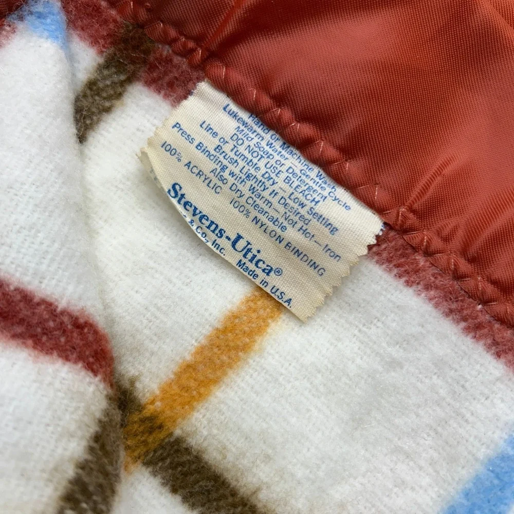 Vintage Plaid Acrylic Satin Trim Blanket Plaid MCM Retro Stevens‎ Utica 80x90
